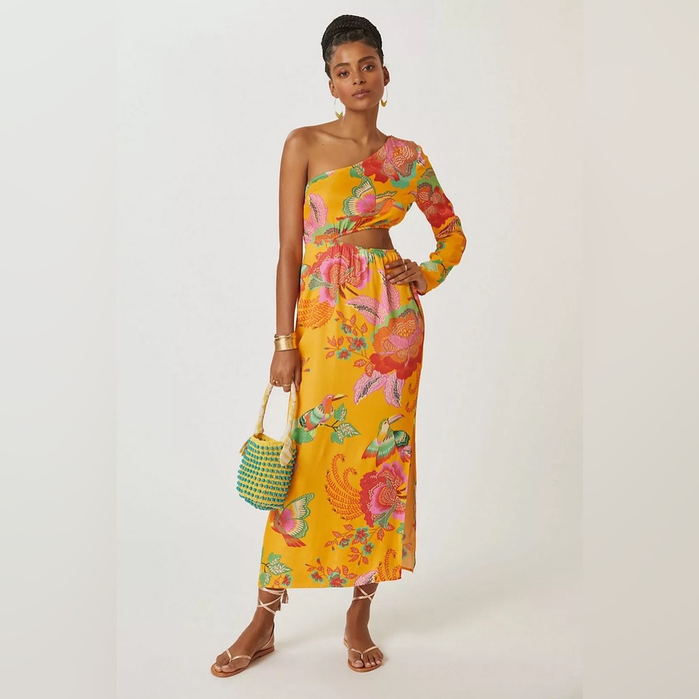 FARM Rio X Anthropologie Single-Shoulder Orange Floral Printed Maxi Dress size L
